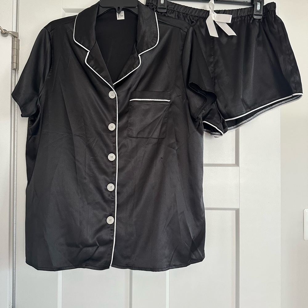 Women's Black Satin Pajama Set